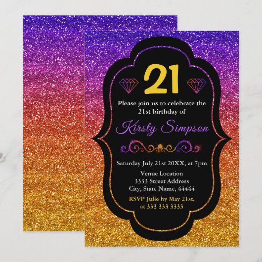 Makkelijk Paarse en Oranje gradiënt Glitter Birthd Kaart (Voorkant / Achterkant)