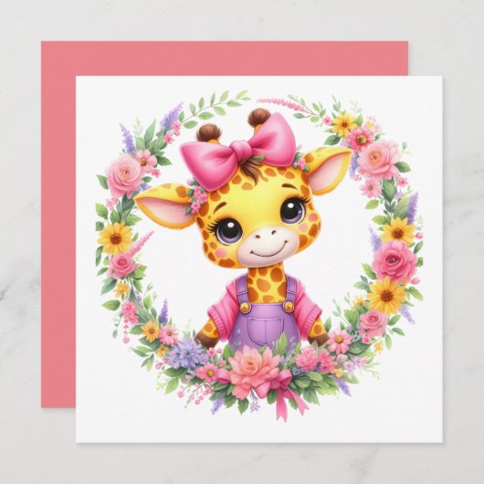 MAKOM- Giraffe Clipart, Lentebloemen Feestdagenkaart (Voorkant / Achterkant)