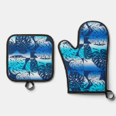 Makua Monstera Tropical Hawaiian Blend Navy Ovenwant & Pannenlap Set (Voorkant)