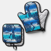 Makua Monstera Tropical Hawaiian Blend Navy Ovenwant & Pannenlap Set (Voorkant / Achterkant)