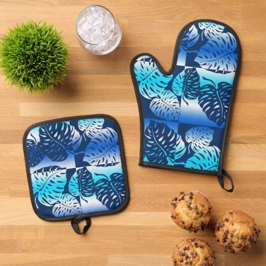 Makua Monstera Tropical Hawaiian Blend Navy Ovenwant & Pannenlap Set (Top down)