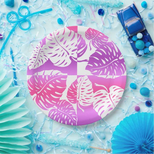 Makua Monstera Tropical Hawaiian Striped Blend Papieren Bordje (Feest)