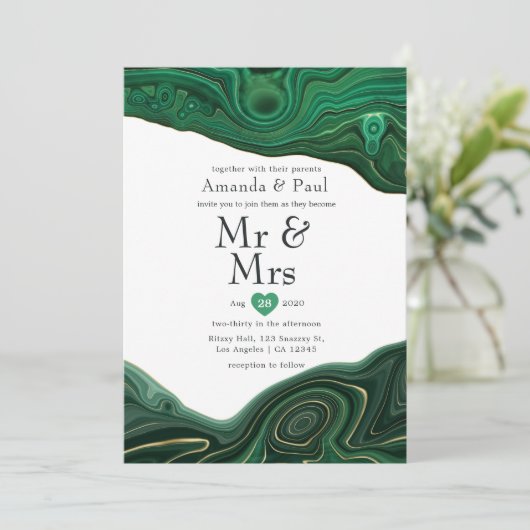 Malachite en Gold Strata Agate Mr & Mrs Wedding Kaart (Staand voorkant)