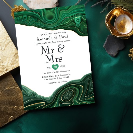 Malachite en Gold Strata Agate Mr & Mrs Wedding Kaart