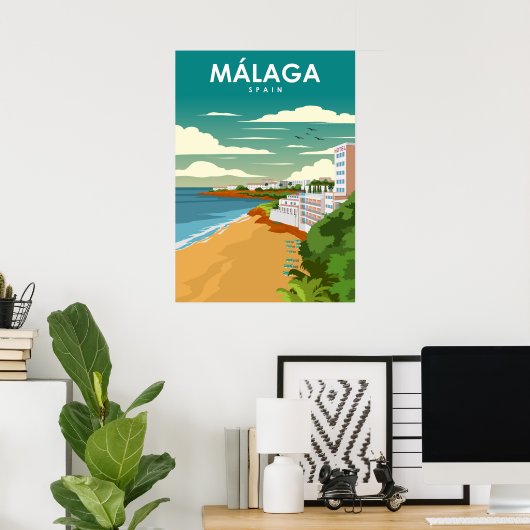 Malaga Spain  Minimal Retro Travel Poster (Thuiskantoor)