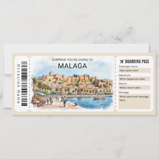 Malaga Spain Trip Boarding Pass Ticket Kaart (Voorkant)