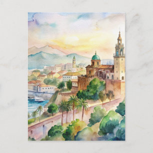 Malaga Spanje Cityscape Waterverf Schilderij Briefkaart