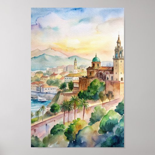 Malaga Spanje Cityscape Waterverf Schilderij Poster (Voorkant)