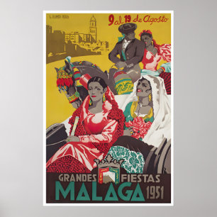 Malaga Spanje Kunst Vintage Spaanse Fiesta Print
