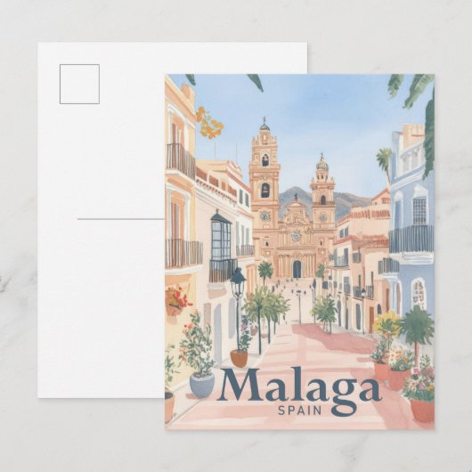 Malaga Spanje Waterverf Schilderij Reizen Briefkaart (Voorkant / Achterkant)