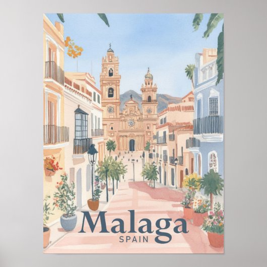 Malaga Spanje Waterverf Schilderij Reizen Poster (Voorkant)