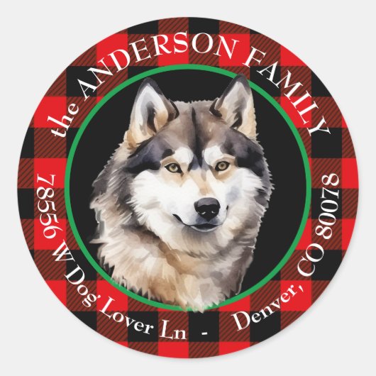 Malamute Dog Buffalo Plaid Retouradres Ronde Sticker (Voorkant)
