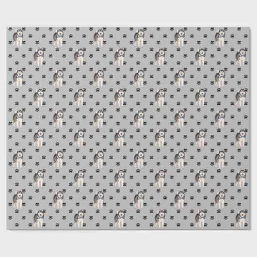 Malamute Dog Paw Print Pattern op Silver Cadeaupapier (Vlak)