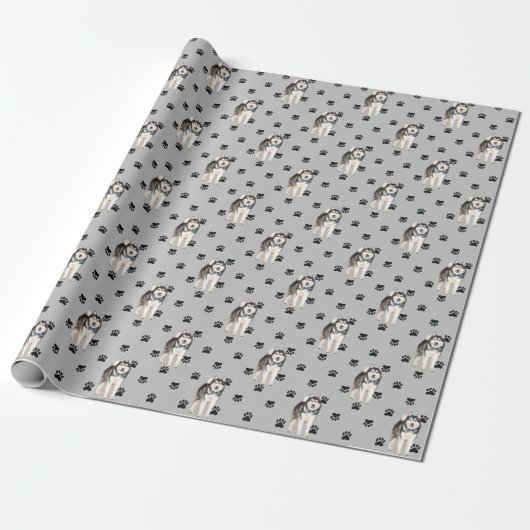 Malamute Dog Paw Print Pattern op Silver Cadeaupapier (Uitgerold)