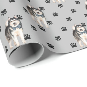 Malamute Dog Paw Print Pattern op Silver Cadeaupapier