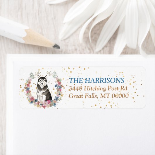 Malamute Dog Spring Flowers Wreater Etiket (Insitu)