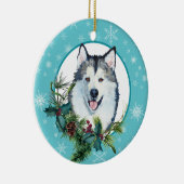 Malamute Evergreen Blue Snowflake Border Keramisch Ornament (Rechts)