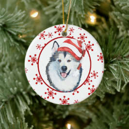 Malamute Santa Hat Snowflake Ceramic Ornament