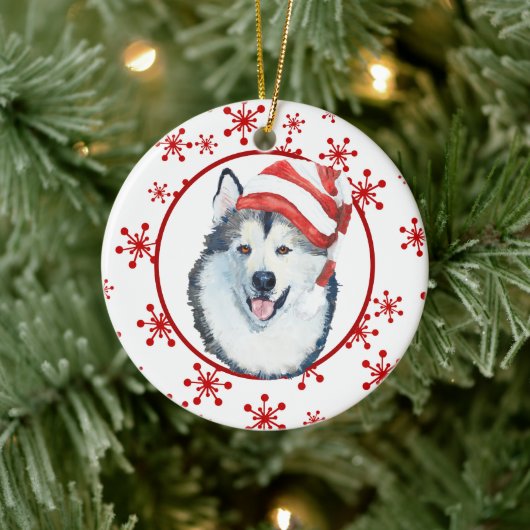 Malamute Santa Hat Snowflake Ceramic Ornament (Boom)