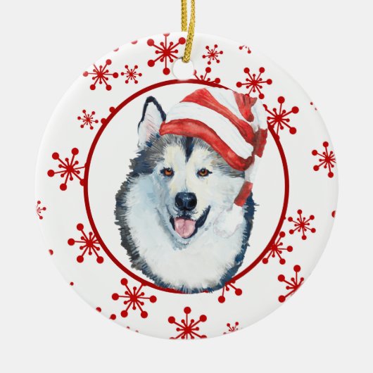 Malamute Santa Hat Snowflake Ceramic Ornament (Voorkant)