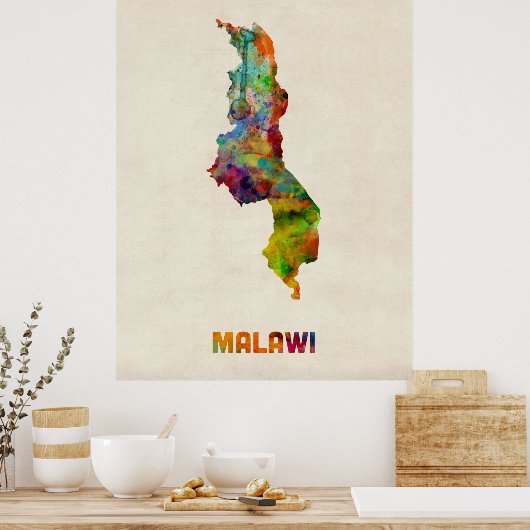 Malawi Waterverf Map Poster (Keuken)