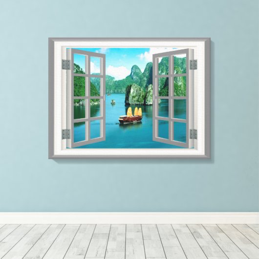 Malaysia Sailboat Ocean Mountains Faux Window Canvas Afdruk (Insitu (Houten vloer))