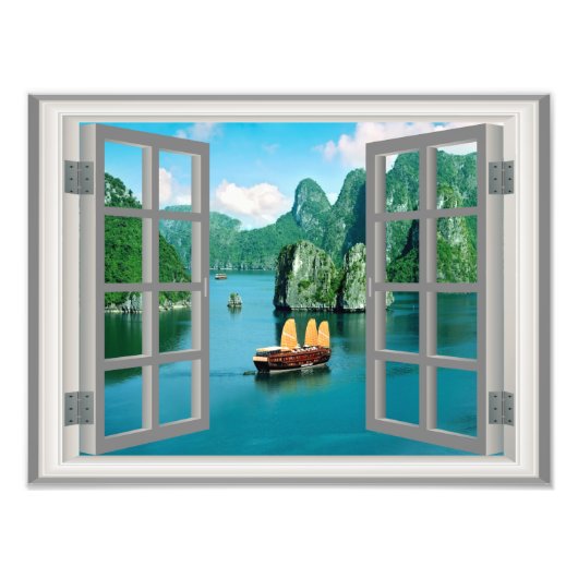 Malaysia Sailboat Ocean Mountains Faux Window Foto Afdruk (Voorkant)