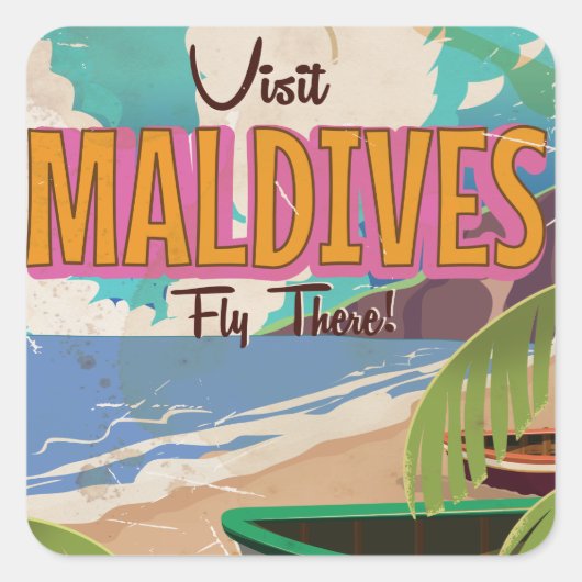 Maldiven eiland vintage reisposter kunst. vierkante sticker (Voorkant)
