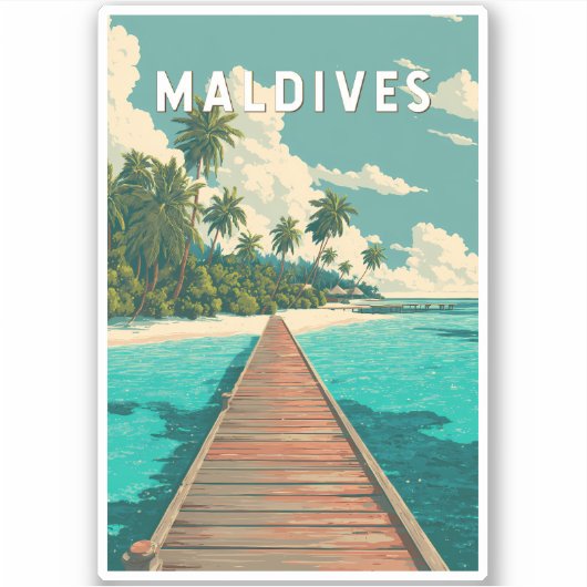Maldiven Illustratie Reis Kunst Vintage Sticker (Voorkant)