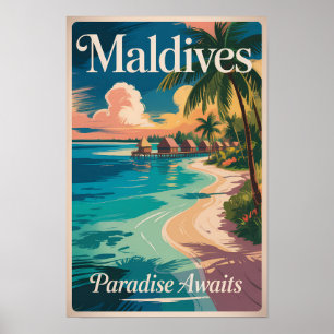 Maldivische strandillustratie Reis Kunst Vintage Poster