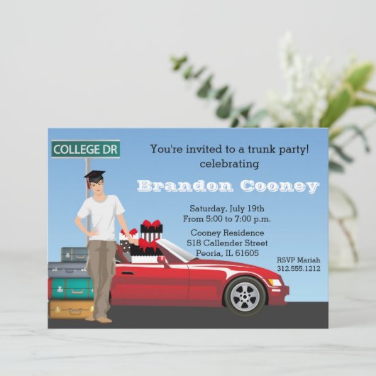 Male College Trunk Party Afstuderen gaat weg Kaart (Staand voorkant)