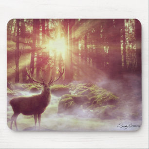 Male Deer in Misty-Bossen op Sunrise Golden Hour Muismat