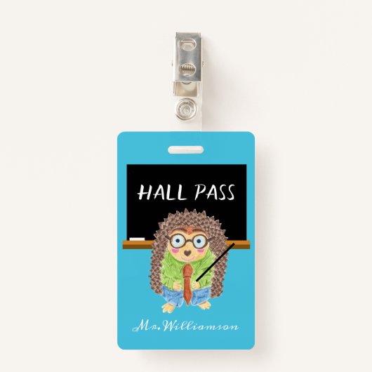 Male Hedegel Teacher Blue Hall Pass Badge (Voorkant met clip)