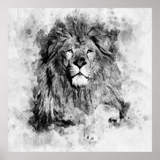 Male Lion Zwart-wit Waterverf Portret Poster (Voorkant)