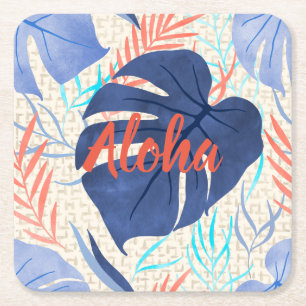 Maleah Monstera Tropical Hawaiian Waterverf - Blau Kartonnen Onderzetters