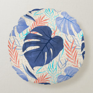Maleah Monstera Tropical Hawaiian Waterverf - Blau Rond Kussen