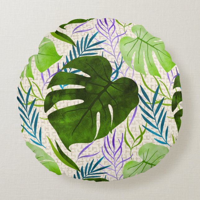 Maleah Monstera Tropical Hawaiian Waterverf-Green Rond Kussen (Voorkant)