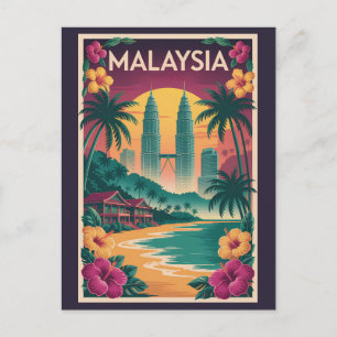 Maleisië Landschap Illustratie Reis Kunst Vintage Briefkaart