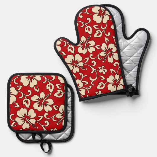Malia Hawaiian Hibiscus Bloemenrood Ovenwant & Pannenlap Set (Voorkant / Achterkant)