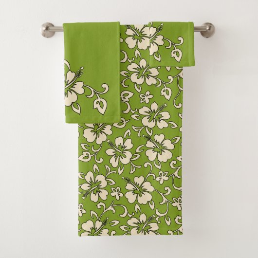 Malia Hawaiian Hibiscus Floral Coordinate - Olive Bad Handdoek (Insitu)