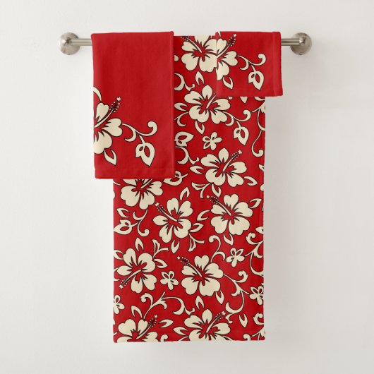 Malia Hawaiian Hibiscus Floral Coordinate - Red Bad Handdoek (Insitu)
