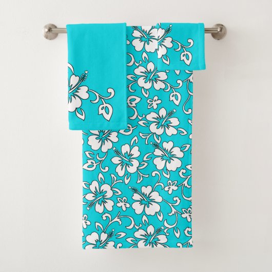 Malia Hawaiian Hibiscus Floral Coordinate - Turq Bad Handdoek (Insitu)