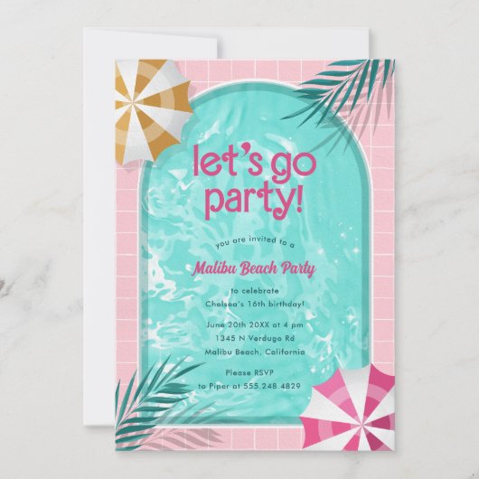 Malibu Beach Doll Zomer Zwembad Party Verjaardag Kaart (Voorkant)