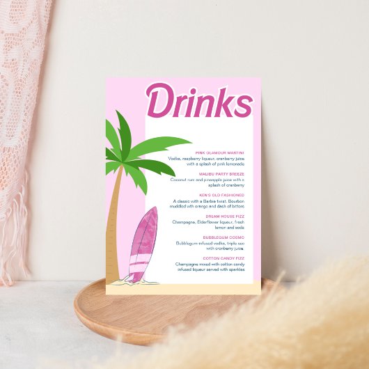 Malibu Beach Roze Party Bachelorette Cocktail Menu Poster