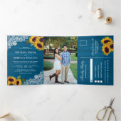 Malibu Blauw Houten Kant Zonnebloem Bruiloft Foto Drieluik Uitnodiging (Binnen)