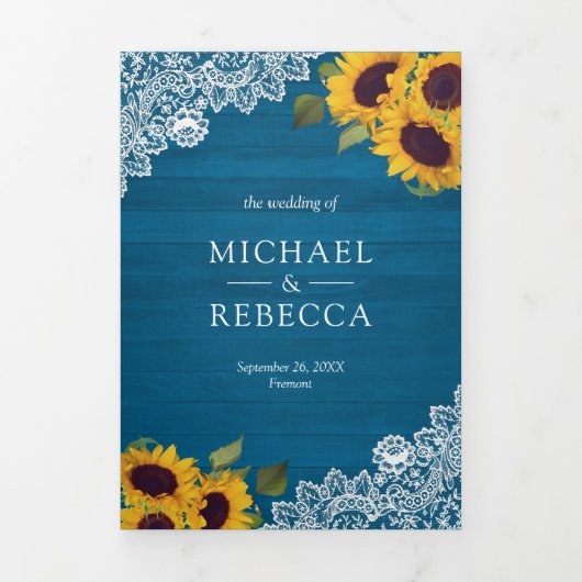 Malibu Blauw Houten Kant Zonnebloem Bruiloft Foto Drieluik Uitnodiging (Cover)