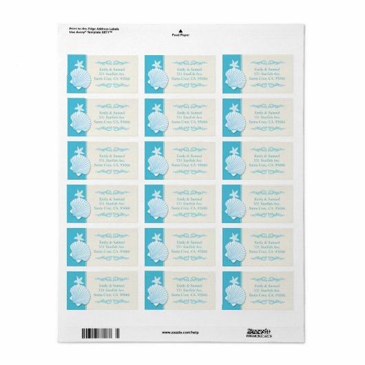 Malibu Blue Beach Shell Weddenschap Address Etiket (Full Sheet)