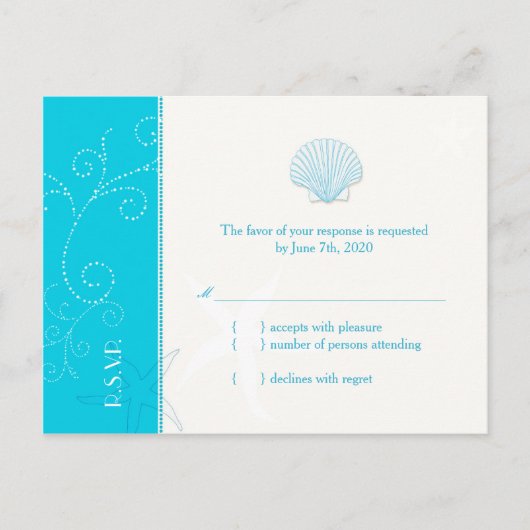 Malibu Blue Beach Shell Wedding RSVP Uitnodiging Briefkaart (Voorkant)