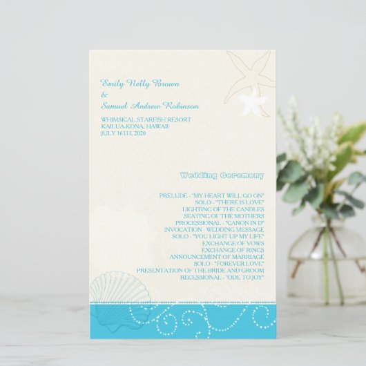 Malibu Blue Modern Beach Wedding Programme (Staand voorkant)
