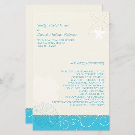 Malibu Blue Modern Beach Wedding Programme (Voorkant / Achterkant)